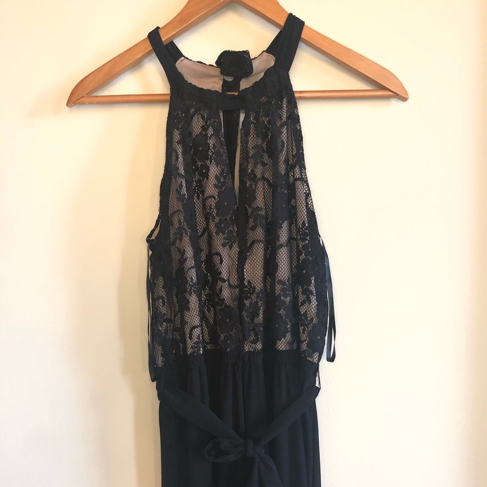 BLACK AND NUDE JUMPSUIT WITH BLACK LACE DETAIL